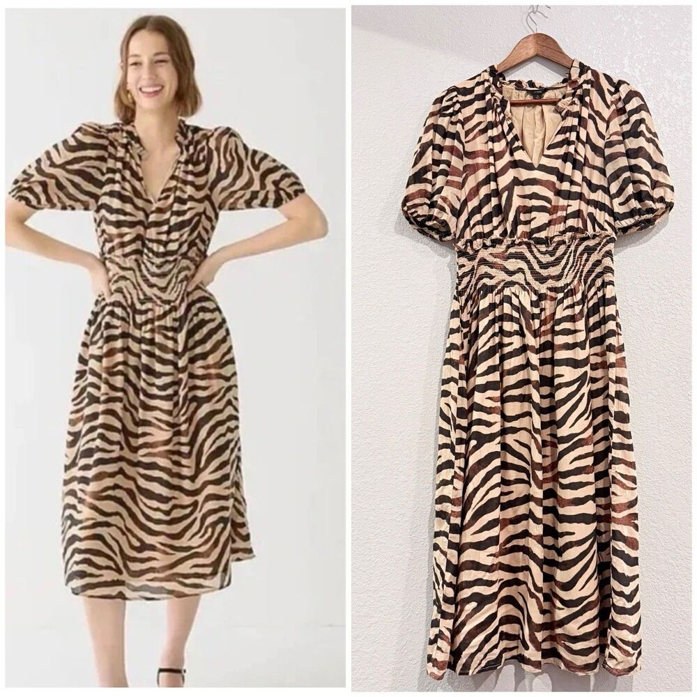 J. Crew Dress Smocked Waist Cotton Voile Zebra Stripe Midi Size Small Brown